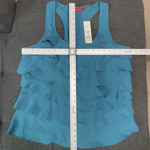 ELLE Layered Ruffle Tank Top Sleeveless Racer Back Mosaic Blue Women's Large NWT - Picture 4 of 6